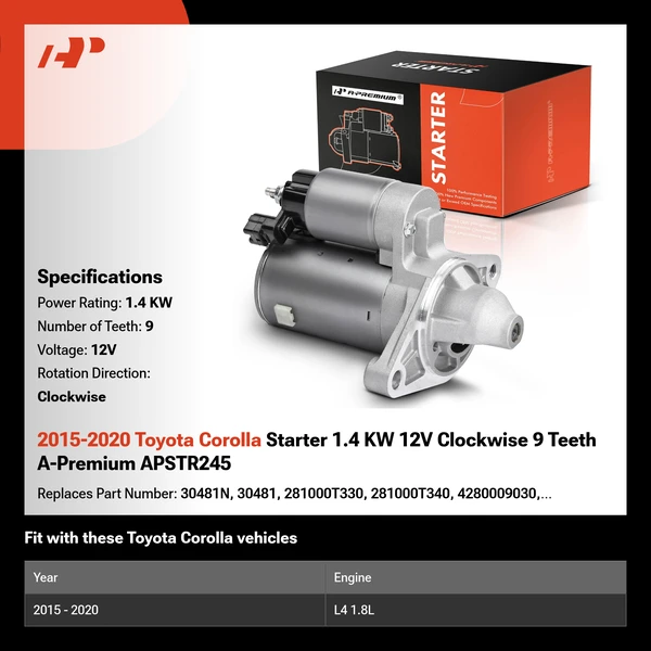 2015-2020 Toyota Corolla Starter 1.4 KW 12V Clockwise 9 Teeth A-Premium APSTR245