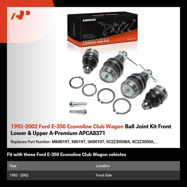 1992-2002 Ford E-350 Econoline Club Wagon Ball Joint Kit Front Lower & Upper A-Premium APCA8371