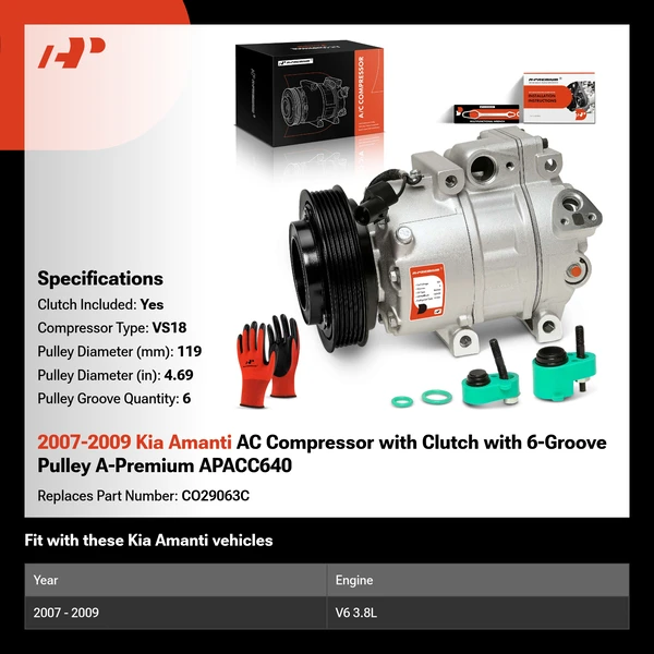 2007-2009 Kia Amanti AC Compressor with Clutch with 6-Groove Pulley A-Premium APACC640