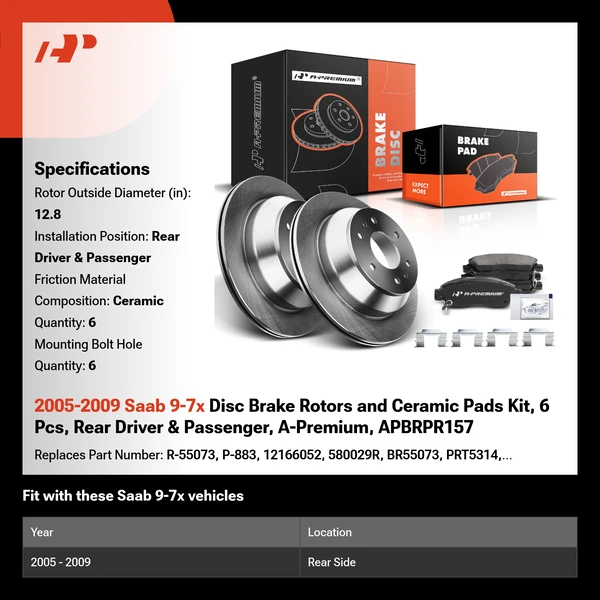 2005-2009 Saab 9-7x Disc Brake Rotors and Ceramic Pads Kit, 6 Pcs, Rear Driver & Passenger, A-Premium, APBRPR157