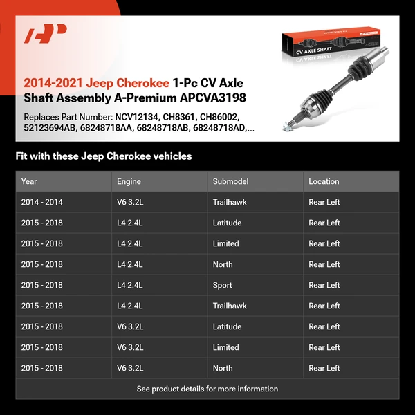 2014-2021 Jeep Cherokee 1-Pc CV Axle Shaft Assembly A-Premium APCVA3198