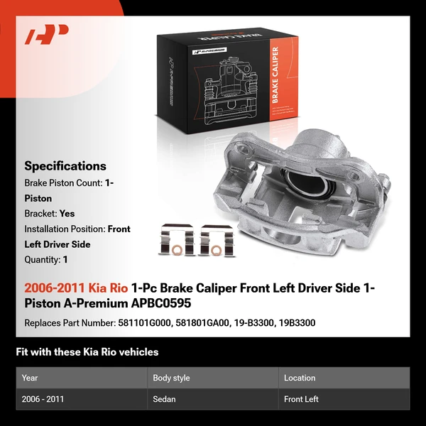 2006-2011 Kia Rio 1-Pc Brake Caliper Front Left Driver Side 1-Piston A-Premium APBC0595