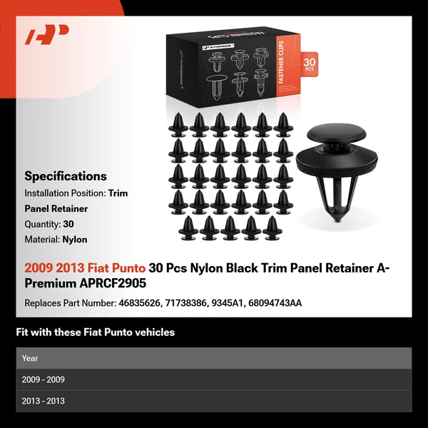 2009 2013 Fiat Punto 30 Pcs Nylon Black Trim Panel Retainer A-Premium APRCF2905