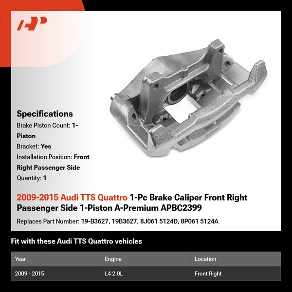 2009-2015 Audi TTS Quattro 1-Pc Brake Caliper Front Right Passenger Side 1-Piston A-Premium APBC2399