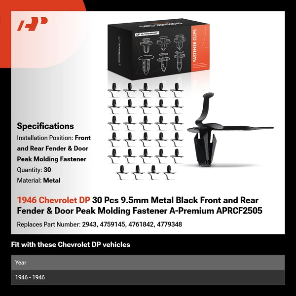 1946 Chevrolet DP 30 Pcs 9.5mm Metal Black Front and Rear Fender & Door Peak Molding Fastener A-Premium APRCF2505