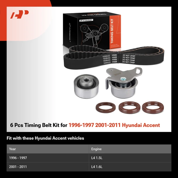 6 Pcs Timing Belt Kit for 1996-1997 2001-2011 Hyundai Accent