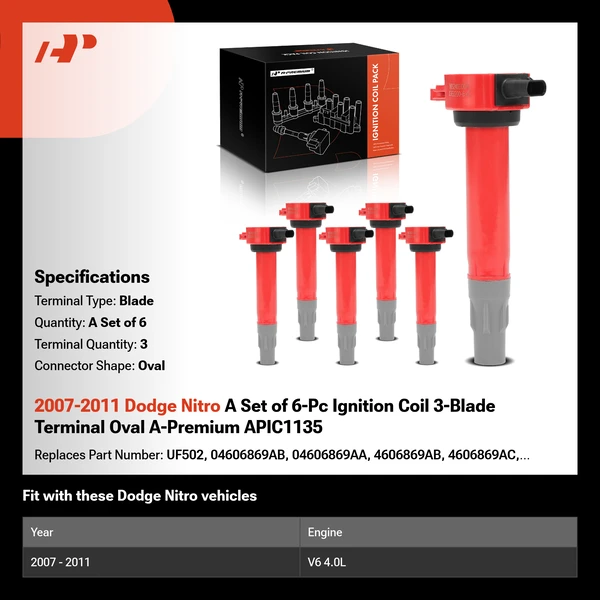 2007-2011 Dodge Nitro A Set of 6-Pc Ignition Coil 3-Blade Terminal Oval A-Premium APIC1135