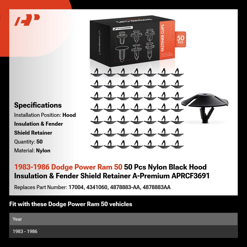 1983-1986 Dodge Power Ram 50 50 Pcs Nylon Black Hood Insulation & Fender Shield Retainer A-Premium APRCF3691