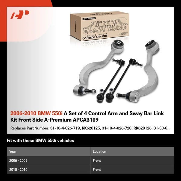 2006-2010 BMW 550i A Set of 4 Control Arm and Sway Bar Link Kit Front Side A-Premium APCA3109