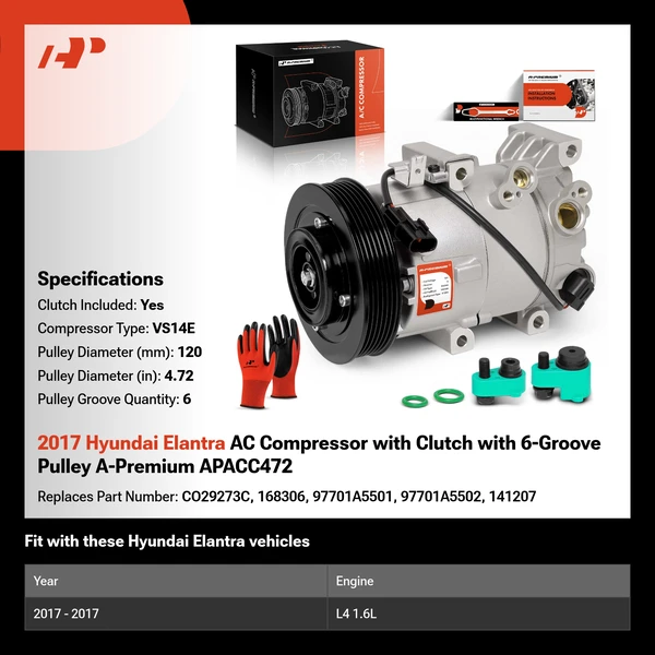 2017 Hyundai Elantra AC Compressor with Clutch with 6-Groove Pulley A-Premium APACC472