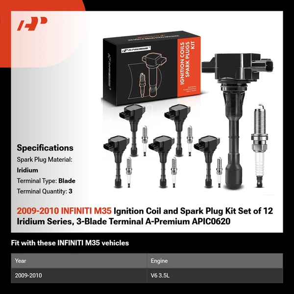 2009-2010 INFINITI M35 Ignition Coil and Spark Plug Kit Set of 12 Iridium Series, 3-Blade Terminal A-Premium APIC0620