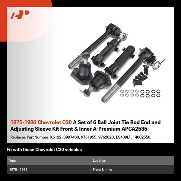1975-1986 Chevrolet C20 A Set of 6 Ball Joint Tie Rod End and Adjusting Sleeve Kit Front & Inner A-Premium APCA2535