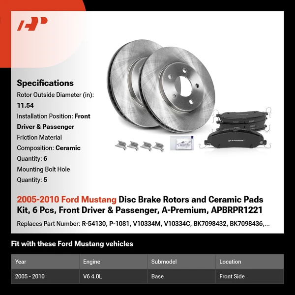 2005-2010 Ford Mustang Disc Brake Rotors and Ceramic Pads Kit, 6 Pcs, Front Driver & Passenger, A-Premium, APBRPR1221