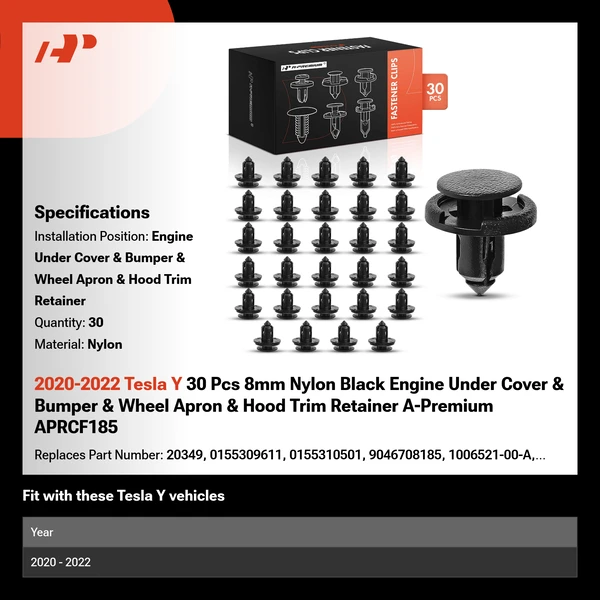 2020-2022 Tesla Y 30 Pcs 8mm Nylon Black Engine Under Cover & Bumper & Wheel Apron & Hood Trim Retainer A-Premium APRCF185