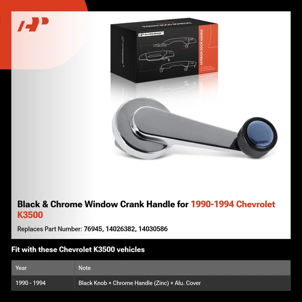 Black & Chrome Window Crank Handle for 1990-1994 Chevrolet K3500