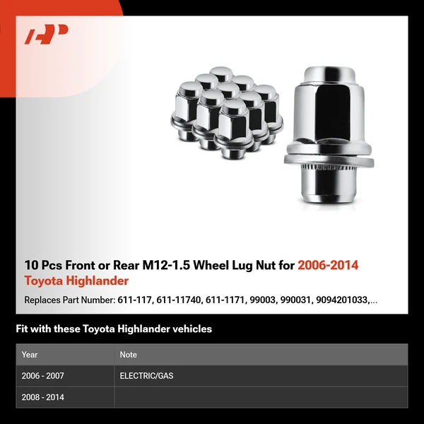 10 Pcs Front or Rear M12-1.5 Wheel Lug Nut for 2006-2014 Toyota Highlander