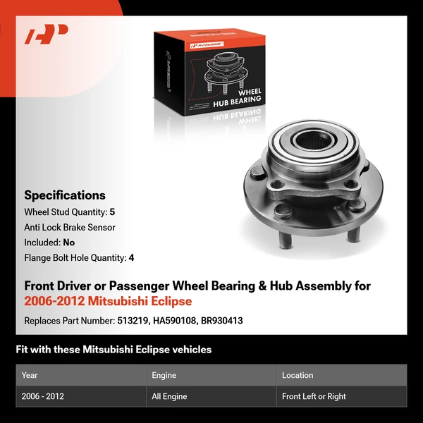 Front Driver or Passenger Wheel Bearing & Hub Assembly for 2006-2012 Mitsubishi Eclipse