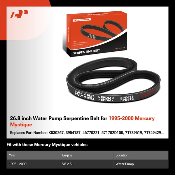 26.8 inch Water Pump Serpentine Belt for 1995-2000 Mercury Mystique