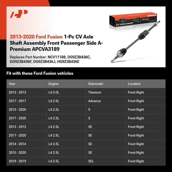 2013-2020 Ford Fusion 1-Pc CV Axle Shaft Assembly Front Passenger Side A-Premium APCVA3189