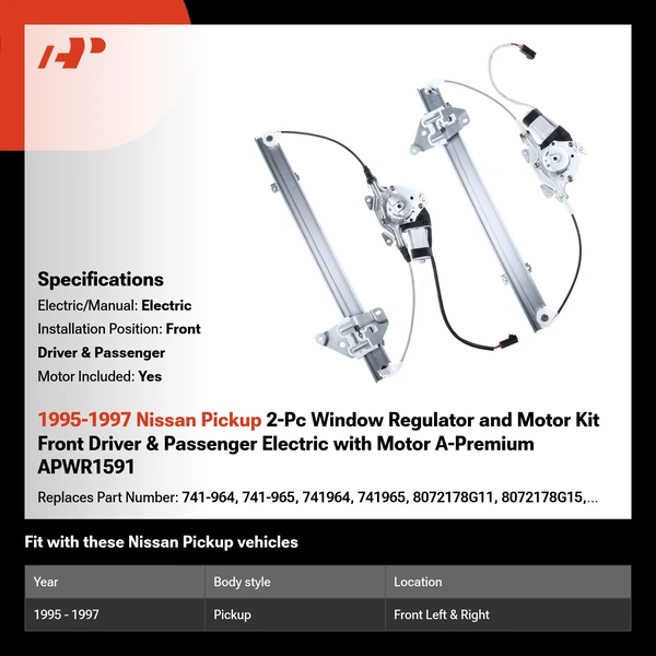 1995-1997 Nissan Pickup 2-Pc Window Regulator and Motor Kit Front Driver & Passenger Electric with Motor A-Premium APWR1591