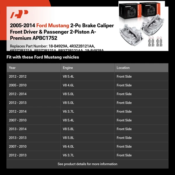 2005-2014 Ford Mustang 2-Pc Brake Caliper Front Driver & Passenger 2-Piston A-Premium APBC1752