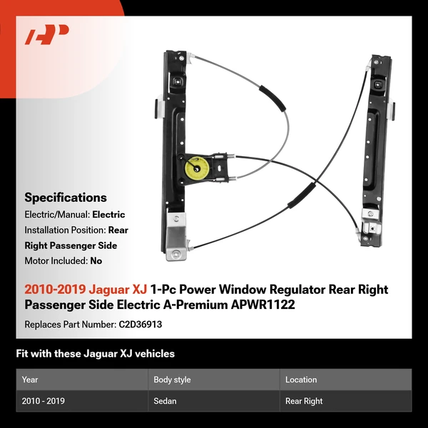 2010-2019 Jaguar XJ 1-Pc Power Window Regulator Rear Right Passenger Side Electric A-Premium APWR1122