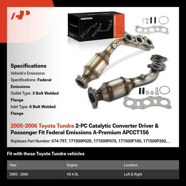 2005-2006 Toyota Tundra 2-PC Catalytic Converter Driver & Passenger Fit Federal Emissions A-Premium APCCT156