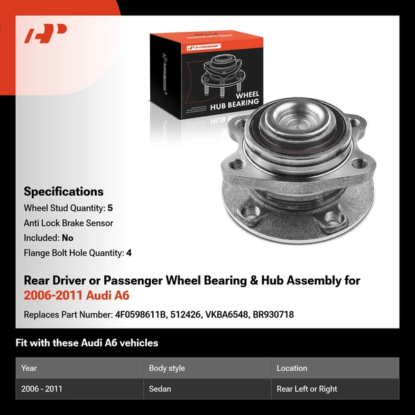 Rear Driver or Passenger Wheel Bearing & Hub Assembly for 2006-2011 Audi A6