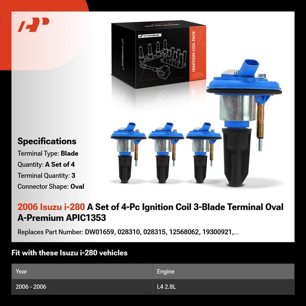 2006 Isuzu i-280 A Set of 4-Pc Ignition Coil 3-Blade Terminal Oval A-Premium APIC1353