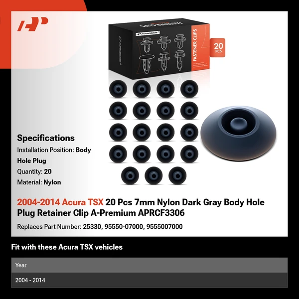 2004-2014 Acura TSX 20 Pcs 7mm Nylon Dark Gray Body Hole Plug Retainer Clip A-Premium APRCF3306