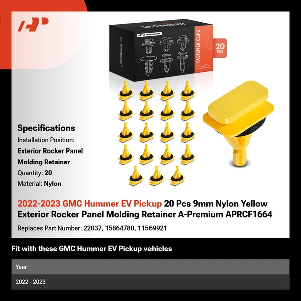 2022-2023 GMC Hummer EV Pickup 20 Pcs 9mm Nylon Yellow Exterior Rocker Panel Molding Retainer A-Premium APRCF1664