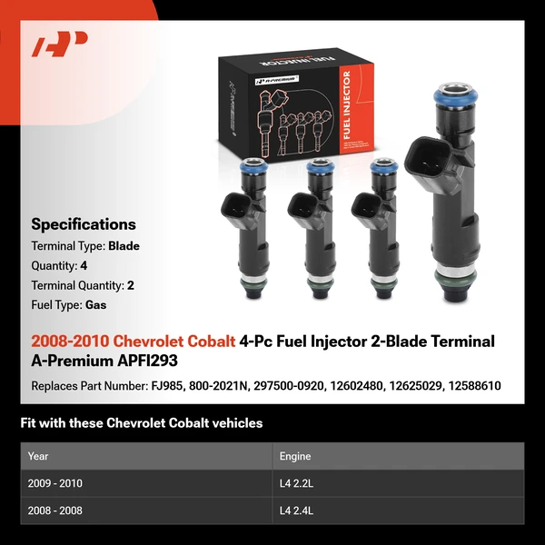 2008-2010 Chevrolet Cobalt 4-Pc Fuel Injector 2-Blade Terminal A-Premium APFI293