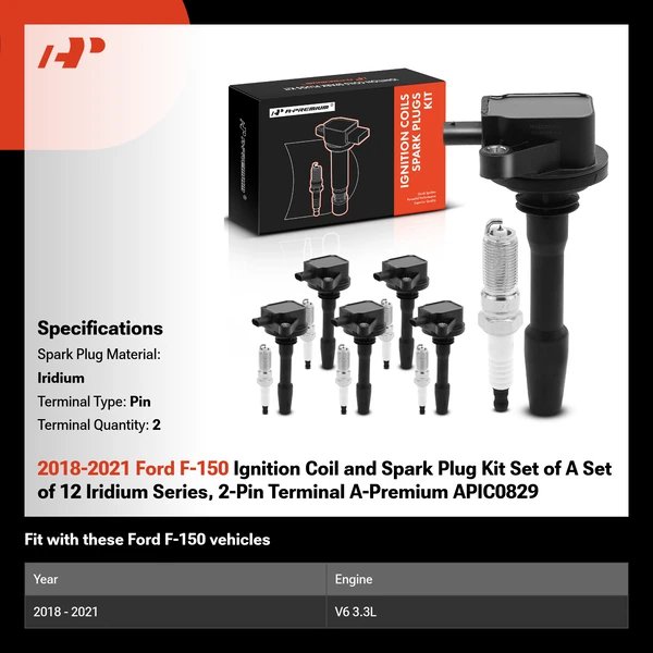 2018-2021 Ford F-150 Ignition Coil and Spark Plug Kit Set of A Set of 12 Iridium Series, 2-Pin Terminal A-Premium APIC0829