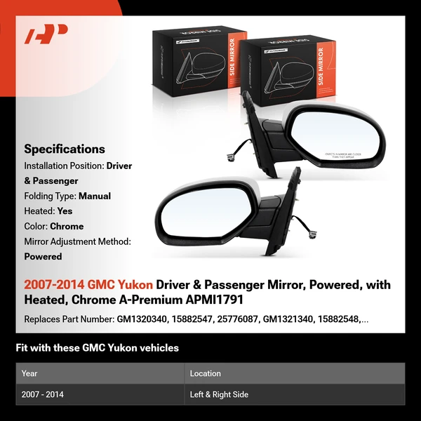 2007-2014 GMC Yukon Driver & Passenger Mirror, Powered, with Heated, Chrome A-Premium APMI1791