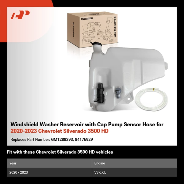 Windshield Washer Reservoir with Cap Pump Sensor Hose for 2020-2023 Chevrolet Silverado 3500 HD