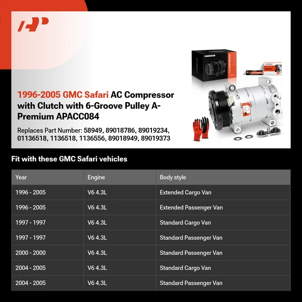 1996-2005 GMC Safari AC Compressor with Clutch with 6-Groove Pulley A-Premium APACC084