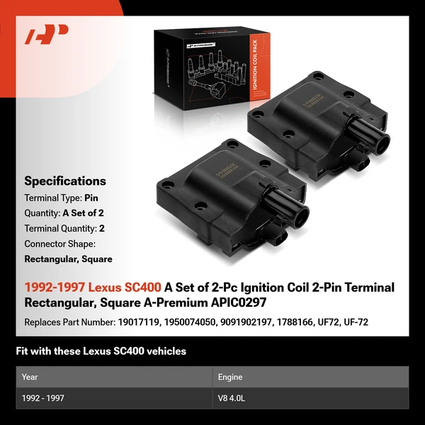 1992-1997 Lexus SC400 A Set of 2-Pc Ignition Coil 2-Pin Terminal Rectangular, Square A-Premium APIC0297