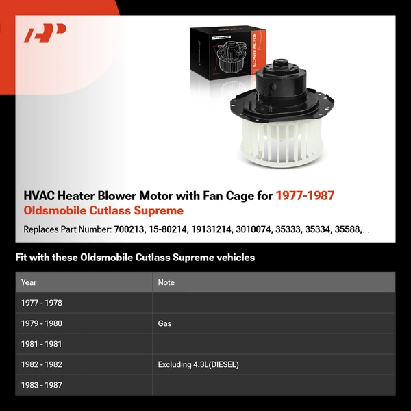HVAC Heater Blower Motor with Fan Cage for 1977-1987 Oldsmobile Cutlass Supreme