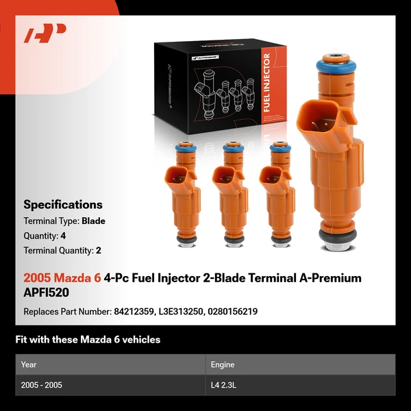 2005 Mazda 6 4-Pc Fuel Injector 2-Blade Terminal A-Premium APFI520