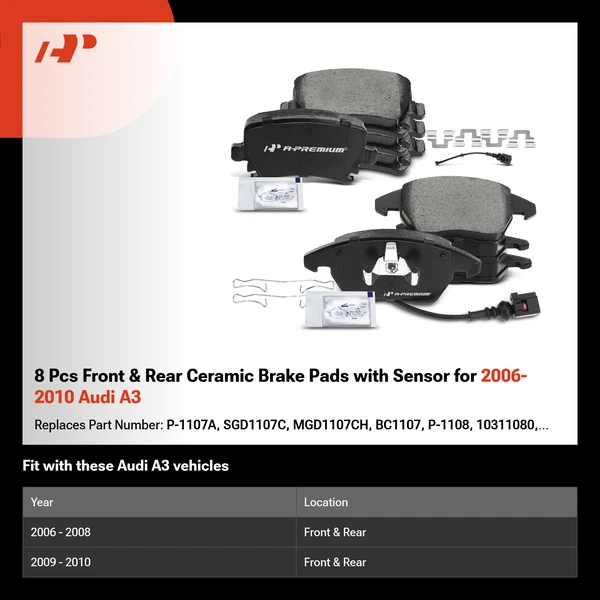 8 Pcs Front & Rear Ceramic Brake Pads with Sensor for 2006-2010 Audi A3