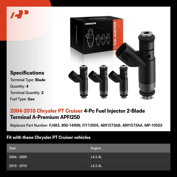 2004-2010 Chrysler PT Cruiser 4-Pc Fuel Injector 2-Blade Terminal A-Premium APFI250
