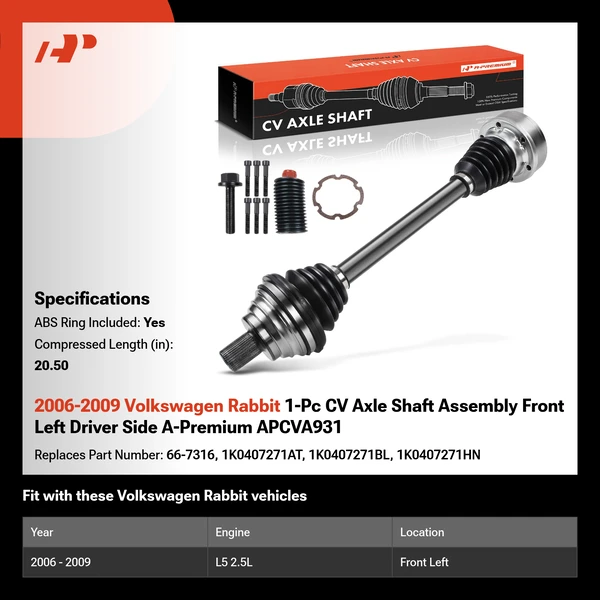 2006-2009 Volkswagen Rabbit 1-Pc CV Axle Shaft Assembly Front Left Driver Side A-Premium APCVA931