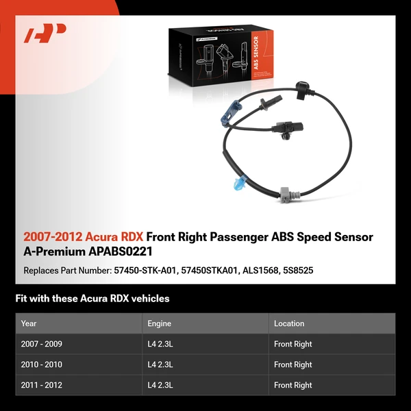 2007-2012 Acura RDX Front Right Passenger ABS Speed Sensor A-Premium APABS0221