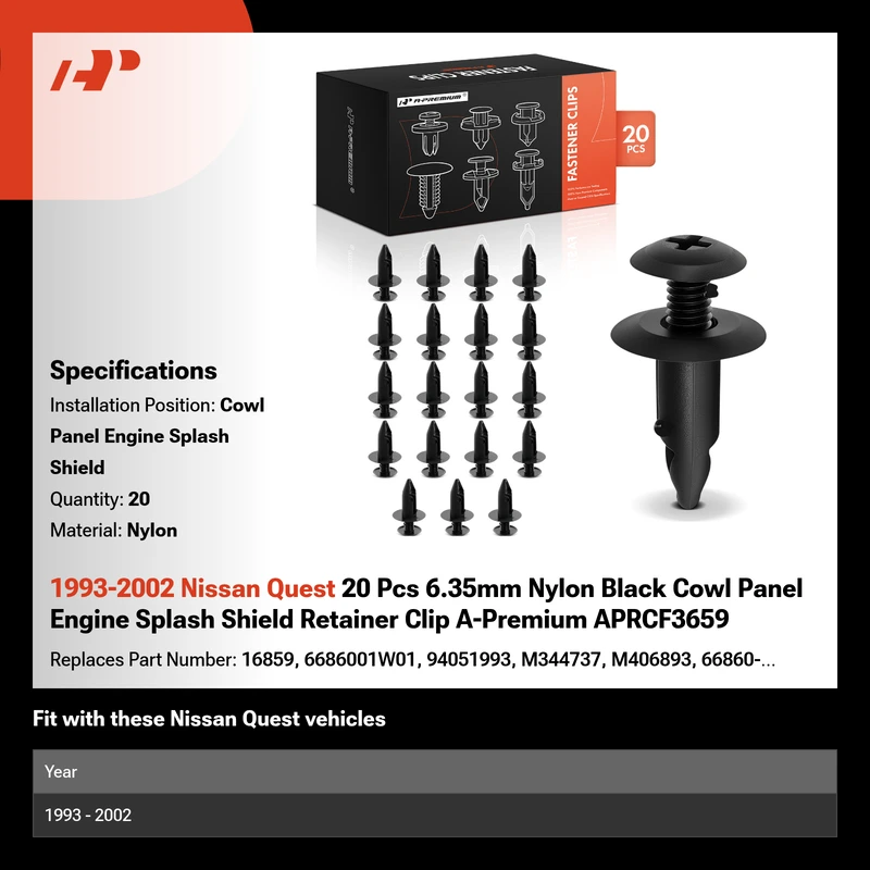 1993-2002 Nissan Quest 20 Pcs 6.35mm Nylon Black Cowl Panel Engine Splash Shield Retainer Clip A-Premium APRCF3659