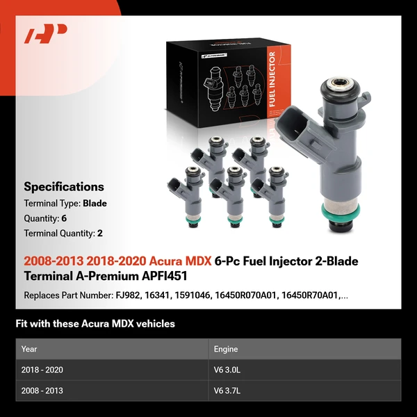 2008-2013 2018-2020 Acura MDX 6-Pc Fuel Injector 2-Blade Terminal A-Premium APFI451