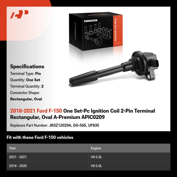 2018-2021 Ford F-150 One Set-Pc Ignition Coil 2-Pin Terminal Rectangular, Oval A-Premium APIC0209
