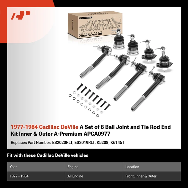 1977-1984 Cadillac DeVille A Set of 8 Ball Joint and Tie Rod End Kit Inner & Outer A-Premium APCA0977
