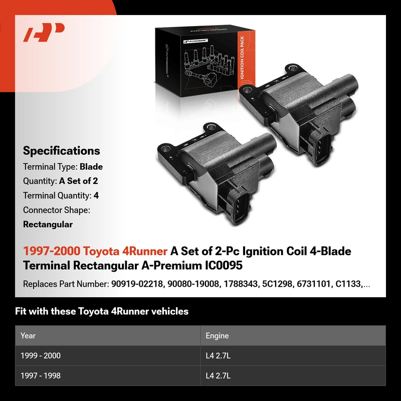 1997-2000 Toyota 4Runner A Set of 2-Pc Ignition Coil 4-Blade Terminal Rectangular A-Premium IC0095