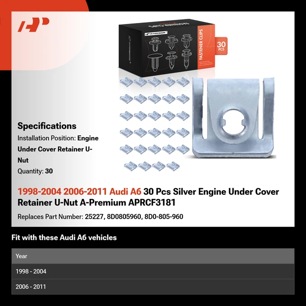 1998-2004 2006-2011 Audi A6 30 Pcs Silver Engine Under Cover Retainer U-Nut A-Premium APRCF3181