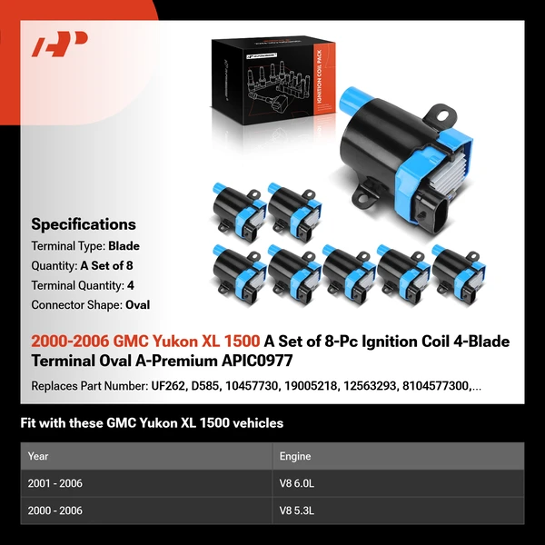 2000-2006 GMC Yukon XL 1500 A Set of 8-Pc Ignition Coil 4-Blade Terminal Oval A-Premium APIC0977